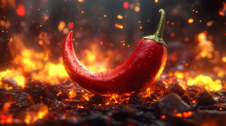 Red Hot Chili Pepper on Fire, Blazing Flames, Studio Lighting, Vibrant Colors, Dark Backgroundの素材
