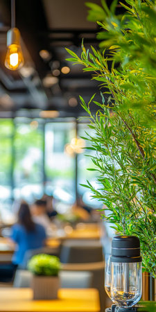 Blurred Cafe Interior with Green Plants and Modern Decor, Warm Light and Lively Atmosphereの素材
