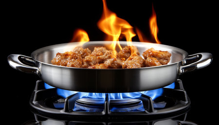 Sizzling chicken nuggets engulfed in flames on a frying pan, isolated on black background.の素材