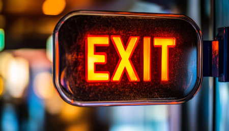 Glowing Neon EXIT Sign, Providing Evacuation Safety in a Blurred Public Building or Hallway.の素材