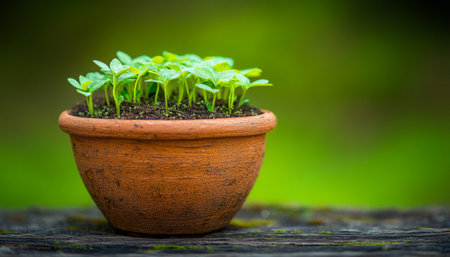 New Life, Green Sprouts Flourishing in a Rustic Terracotta Pot on a Weathered Wooden Surfaceの素材