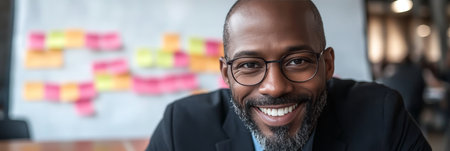 Headshot of a Smiling Black Male Entrepreneur in a Modern Office with a Blurry Backgroundの素材