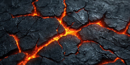 Molten Lava Cracks in Solidified Black Volcanic Rock, Vibrant Colors, Macro Photographyの素材