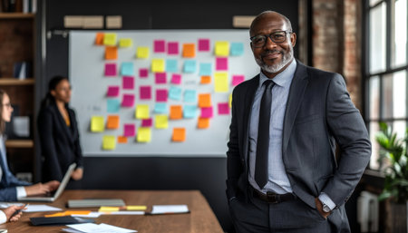 Confident Senior Business Executive Leading Diverse Team, Brainstorming in a Modern Officeの素材