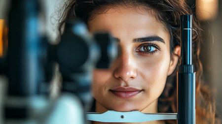 Close-up, Young Woman Undergoes Eye Exam with Modern Optometry Equipment for Early Detectionの素材