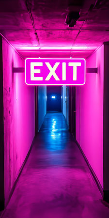 Vibrant Neon Exit Sign Illuminates Evacuation Route in Hallway Corridor During Emergencyの素材