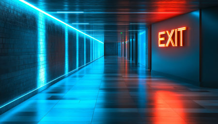 Neon Exit Sign in Futuristic Corridor, Emergency Evacuation Route with Vibrant Lightingの素材
