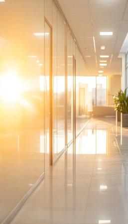 Sunlight Streams into a Bright, Modern Office Hallway with Glass Walls and a Blurred Backgroundの素材