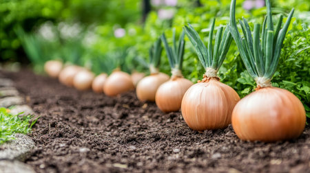 Fresh Onions Growing, Organic Onion Bulbs in the Garden Bed with Shallow Depth of Fieldの素材