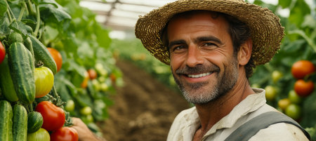 Smiling Farmer With Ripe Red Tomatoes In Greenhouse, Concept For Organic Gardening And Foodの素材