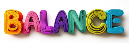 Colorful letters spelling out BALANCE, isolated on a pure white background, vibrancy, positivity.の素材