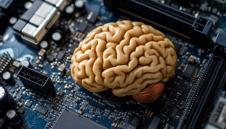 Artificial Intelligence Symbolized By A Human Brain Model On A Circuit Board, High-Tech Conceptの素材