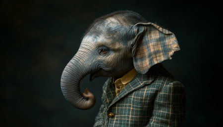 Elephant in Tweed Intelligence, Anthropomorphic Portrait with Vintage Style, Dark Backgroundの素材