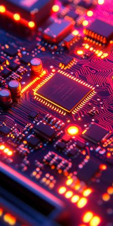 AI Chip Motherboard Close-Up Artificial Intelligence, Futuristic Technology, High Angle Viewの素材