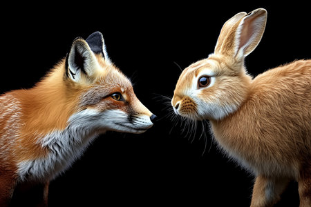 Red Fox, Vulpes vulpes, and European Rabbit, Oryctolagus cuniculus, Nose to Nose, Studio Shotの素材