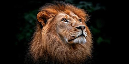 Majestic Lion Portrait on Black Fierce Gaze and Flowing Golden Mane Against a Dark Backgroundの素材