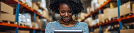 Smiling Warehouse Worker Uses Tablet For Inventory Management, Surrounded by Boxes on Shelvesの素材
