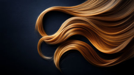 Auburn Waves Flowing Strands of Shiny Hair on Black Background, Concept for Beauty and Haircare.の素材
