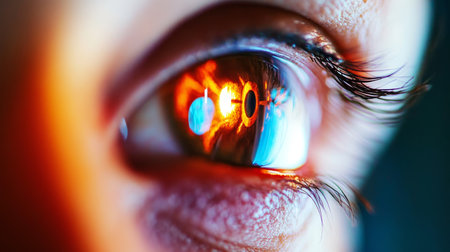 Close Up Reflected Light in a Person s Eye During an Ophthalmic Examination Procedure.の素材