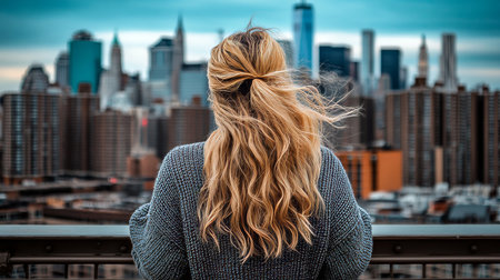 Windswept blonde gazing at a city skyline Serenity, urban exploration and travel conceptの素材