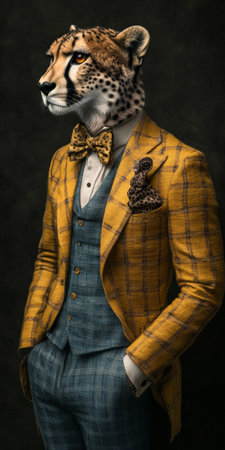 Anthropomorphic Cheetah in a Yellow Suit, A Fusion of Animal and Human, Digital Art Portraitの素材