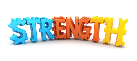 Colorful 3D Gears Interlocked, Forming the Powerful Word STRENGTH on White Backgroundの素材