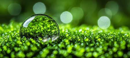 Macro of Single Water Droplet Reflecting Green, Sparkling Bokeh Background on a Bed of Vibrant Mossの素材
