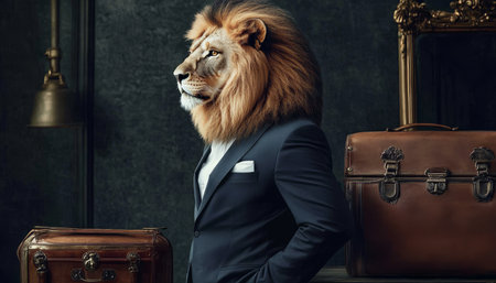 Majestic Lion in Suit, Profile on Dark Background, Anthropomorphic Portrait, Animal Human Blendの素材