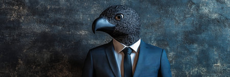 Owl Businessman Portrait of a Figure with a Bird Head in a Suit Against a Textured Wallの素材
