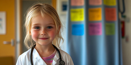 Portrait, Smiling Little Girl Wearing Doctor Costume With Blurred Hospital Backgroundの素材