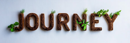Journey Word Art Crafted From Natural Materials, Sprigs Of Green On Pristine White Backgroundの素材