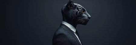 Profile of a panther with human body in a suit on a dark background, animal human hybridの素材
