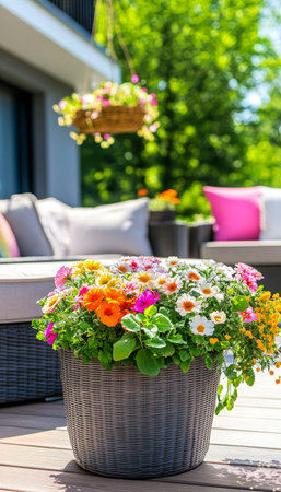 Colorful Summer Blooms A Cozy Patio Decorated with Vibrant Flowers and Lush Greenery.の素材