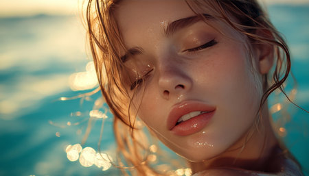 Golden Hour Bliss Close-up Portrait of Young Woman with Eyes Closed, Ocean Backgroundの素材