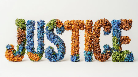 Vibrant Floral Arrangement Spelling JUSTICE With Colorful Flowers On White Backgroundの素材