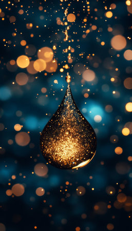 Golden Liquid Drop Suspended, Sparkling Bokeh Background, Abstract Luxury, Fluid Art Photographyの素材