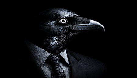 Raven In The Shadows Profile Of A Bird With A Human Suit On A Dark Background, Concept Artの素材