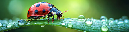 Ladybug on a Green Leaf With Water Drops. Macro Shot, Shallow Depth of Field, Selective Focus.の素材