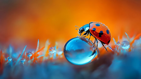 Ladybug Perched On Dewy Grass With Water Droplet Reflecting Orange Sunrise, Macro Viewの素材