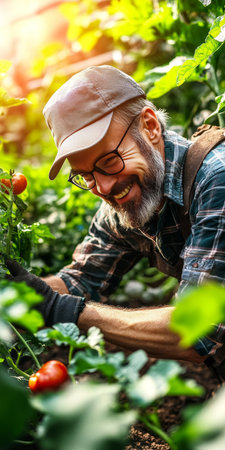 Happy Senior Man Tending to His Vegetable Garden with a Smile, Harvesting Fresh Produce.の素材