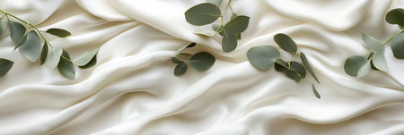 Eucalyptus Branches on White Silk Background, Natural Skincare Spa Concept, Minimalist Designの素材