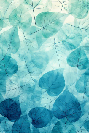 Pastel Turquoise Watercolor Background, Intricate Leaf Drawings, Delicate Lines, Elegant Lookの素材