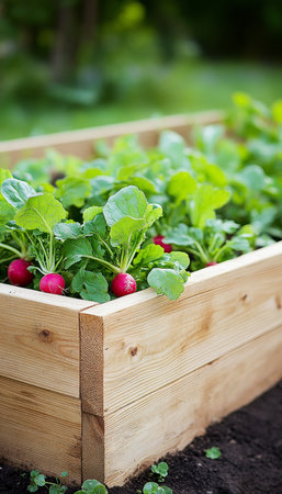 Homegrown Radishes Flourishing in a Raised Garden Bed A Detailed View of Fresh Produceの素材