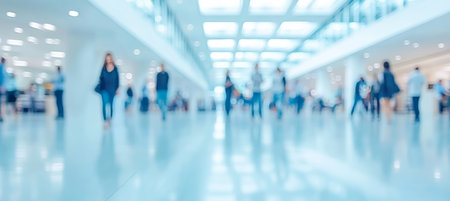 Blurred People Walking in Bright Modern Business Office with Glass Walls, Abstract Backgroundの素材