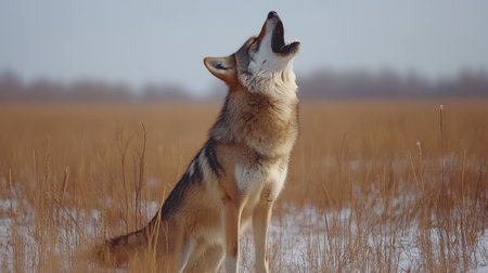Lone Wolf Howling in Snow Covered Field, Winter Wildlife Photography, Minimalist Nature Sceneの素材