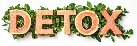 Detox Word Spelled Out By Slices Of Citrus Fruits Sprouting Plants On White Backgroundの素材
