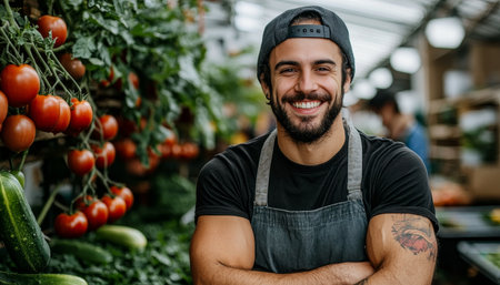 Portrait of a Happy, Proud Farmer Smiling, at Local, Organic Farm Stand with Fresh Vegetables.の素材