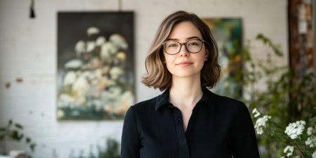 Confident Young Professional, Portrait, Modern Studio, Sunlight, Woman with Glasses.の素材
