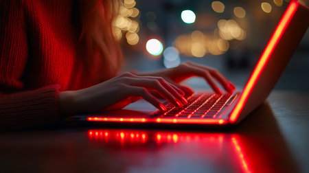 Woman Using Futuristic Neon-Lit Laptop in Dark Room, Cyberpunk Style Technology Conceptの素材