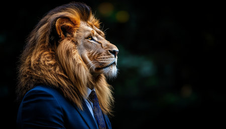Lion in Business Suit, Anthropomorphic Portrait on Black Background, Concept of Leadershipの素材